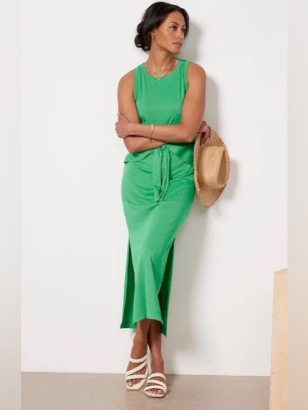 Michael Stars Solange Green Maxi Dress Tie Back Side Slit Small